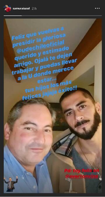 El ídolo azul, publicó una foto con Cristián Audert, nuevo mandatario de la concesionaria, al que le deseó éxito. "Feliz que vuelvas a presidir a la gloriosa U", escribió.