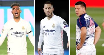 Mariano (10M€), Hazard (50M€) y Jovic (20M€), tres de los delanteros que más se han devaluado en el Madrid.