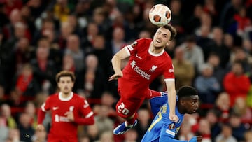 Soccer Football - Europa League - Group E - Liverpool v Union Saint-Gilloise - Anfield, Liverpool, Britain - October 5, 2023 Liverpool's Diogo Jota in action with Union Saint-Gilloise's Noah Sadiki REUTERS/Phil Noble