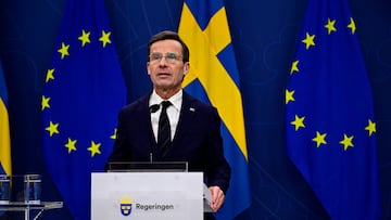 Sweden's Prime Minister Ulf Kristersson speaks during a press conference at the government headquarters in Stockholm, Sweden, February 26, 2024, after Hungary's parliament on Monday voted yes to ratify Sweden's NATO accession.  TT News Agency/Magnus Lejhall via REUTERS      ATTENTION EDITORS - THIS IMAGE WAS PROVIDED BY A THIRD PARTY. SWEDEN OUT. NO COMMERCIAL OR EDITORIAL SALES IN SWEDEN.