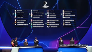 Istanbul (Turkey), 25/08/2022.- The groups are shown on an electronic panel during the UEFA Champions League group stage draw 2022/23 in Istanbul, Turkey, 25 August 2022. (Liga de Campeones, Turquía, Estanbul) EFE/EPA/SEDAT SUNA
