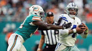 Dec 24, 2023; Miami Gardens, Florida, USA; Miami Dolphins linebacker David Long Jr. (51) pressures Dallas Cowboys quarterback Dak Prescott (4) during the first half at Hard Rock Stadium. Mandatory Credit: Jasen Vinlove-USA TODAY Sports