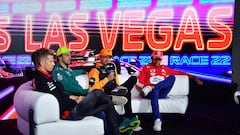 McLaren F1 Team driver Lando Norris of Great Britain speaks during media availabilities at the Las Vegas Strip Circuit.