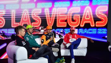 McLaren F1 Team driver Lando Norris of Great Britain speaks during media availabilities at the Las Vegas Strip Circuit.