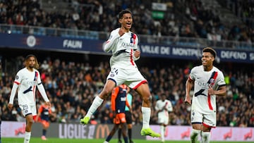 Paris Saint-Germain's French midfielder #24 Senny Mayulu (C) celebrates after scoring a goal during the French L1 football match between Montpellier Herault SC and Paris Saint-Germain (PSG) at Stade de la Mosson in Montpellier, southern France on May 10, 2025. (Photo by Sylvain THOMAS / AFP)