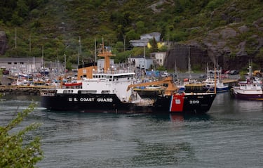 A U.S. Coast Guard ship arrives in the harbor of St. John's Newfoundland on Wednesday, June 28, 2023, following the arrival of the ship Horizon Arctic carrying debris from the Titan submersible. The submersible owned by OceanGate Expeditions imploded on its way to the wreck of the Titanic. (Paul Daly/The Canadian Press via AP)