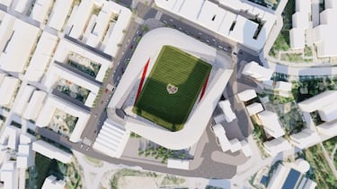 El proyecto del nuevo estadio de Vallecas propone un recinto moderno y funcional sin renunciar al barrio. Las imágenes muestran cómo la reorientación y el rediseño permitirían integrar el campo en el mismo corazón urbano que siempre lo ha acogido.