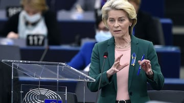 European Commission President Ursula von der Leyen speaks during a Question Time on her Commission two years on, implementation of the political priorities, as part of a plenary session at the European Parliament in Strasbourg, eastern France, on April 05