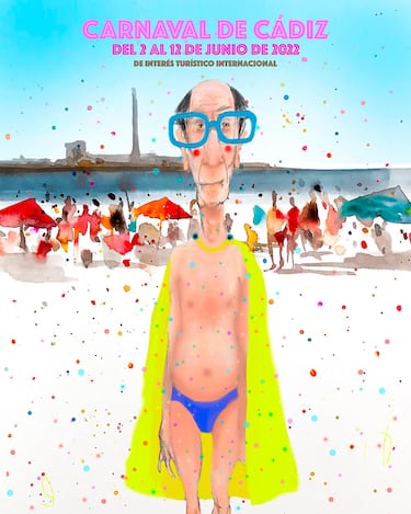 La obra titulada Operación Carnaval Caleta fue la ganadora en 2022. El cartel recoge la esencia de un Carnaval singular, celebrado excepcionalmente en pleno mes de junio, a las puertas del verano, debido a la situación sanitaria. Esta fecha extraordinaria permitió garantizar un Carnaval seguro tras la pandemia. En la imagen se muestra a un hombre en bañador en la playa de la Caleta, cubierto de papelillos y vestido únicamente con dos coloretes y una capa, simbolizando el espíritu festivo y la capacidad de adaptación de la fiesta.