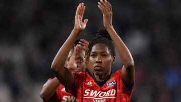 TURIN, ITALY - MARCH 23: Kadeisha Buchanan of Lyon applauds the fans following the 2-1 defeat in the UEFA Women&#039;s Champions League Quarter Final First Leg match between Juventus and Olympique Lyon at Juventus Stadium on March 23, 2022 in Turin, Italy