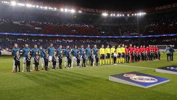 Los jugadores de Madrid y PSG aparecen formados, en el partido del 3 de marzo de 2018, en el Parque de los Pr&iacute;ncipes de Par&iacute;s. El Madrid gan&oacute; 1-2.