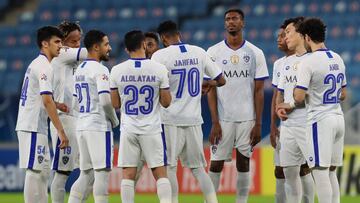 Al-Hilal's players pose for a group shot during the AFC Champions League group B match between Iran's Shahr Khodro and Saudi's Al-Hilal on September 20, 2020, at the Al-Janoub Stadium International Stadium in the Qatari city of Al Wakrah. (