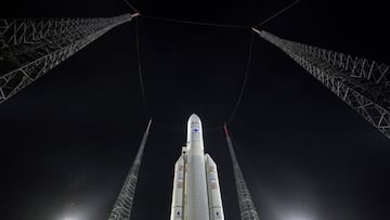 In this photo provided by NASA, Arianespace&#039;s Ariane 5 rocket with NASA&#039;s James Webb Space Telescope onboard, is seen at the launch pad, Thursday, Dec. 23, 2021, at Europe&#039;s Spaceport, the Guiana Space Center in Kourou, French Guiana. The J