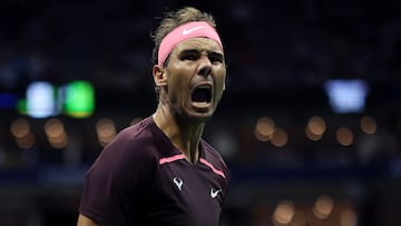 NEW YORK, NEW YORK - SEPTEMBER 01: Rafael Nadal of Spain reacts against Fabio Fognini of Italy during their Men's Singles Second Round match on Day Four of the 2022 US Open at USTA Billie Jean King National Tennis Center on September 01, 2022 in the Flushing neighborhood of the Queens borough of New York City.   Julian Finney/Getty Images/AFP
== FOR NEWSPAPERS, INTERNET, TELCOS & TELEVISION USE ONLY ==