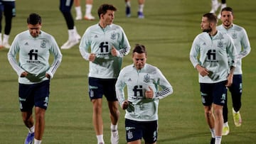 Los jugadores de la Selecci&oacute;n durante un entrenamiento para preparar los partidos de la fase clasificatoria para el Mundial ante Grecia y Suecia. 