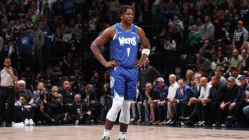 MINNEAPOLIS, MN -  APRIL 21: Anthony Edwards #1 of the Minnesota Timberwolves looks on during Round 1 Game 3 of the 2022 NBA Playoffs on April 21, 2022 at Target Center in Minneapolis, Minnesota. NOTE TO USER: User expressly acknowledges and agrees that, by downloading and or using this Photograph, user is consenting to the terms and conditions of the Getty Images License Agreement. Mandatory Copyright Notice: Copyright 2022 NBAE (Photo by Joe Murphy/NBAE via Getty Images)