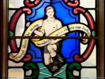 A stained-glass window honouring Edwards at St. Francis' Church in his home town of Dudley.