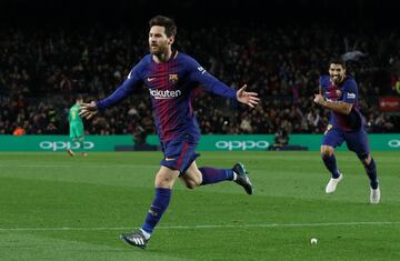 Lionel Messi celebrates after scoring his side's second goal.