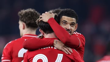 Soccer Football - UEFA Europa League - Nottingham Forest v Ferencvaros - The City Ground, Nottingham, Britain - January 29, 2026 Nottingham Forest's James McAtee and Nottingham Forest's Morgan Gibbs-White celebrate after the match REUTERS/Chris Radburn