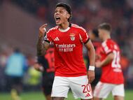 SL Benfica's Colombian midfielder #20 Richard Rios gestures during the UEFA Champions League league phase day 4 football match between SL Benfica and Bayer Leverkusen at Estadio da Luz in Lisbon on November 5, 2025. (Photo by FILIPE AMORIM / AFP)