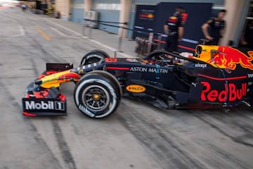 Red Bull's Dutch driver Max Verstappen steers his Formula One car out of the pit during private tests at the Sakhir circuit in the desert south of the Bahraini capital Manama, on April 2, 2019. (Photo by ANDREJ ISAKOVIC / AFP)