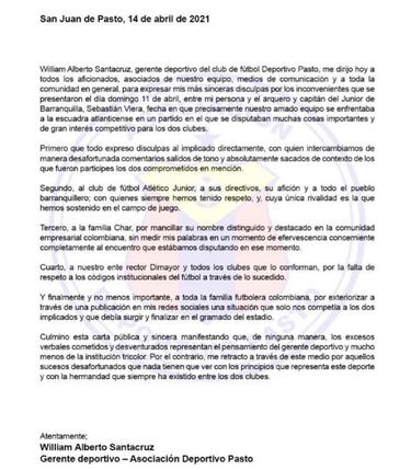 Gerente Deportivo del Pasto se disculpa con Viera y Junior