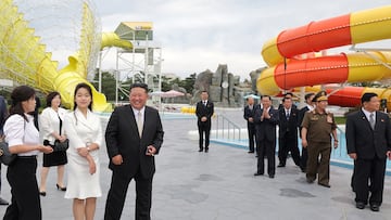 North Korean leader Kim Jong Un and his daughter Kim Ju Ae visit a water park area during a ceremony to celebrate the completion of the Wonsan Kalma Coastal Tourist Zone, in Wonsan, North Korea, June 24, 2025. KCNA via REUTERS ATTENTION EDITORS - THIS IMAGE WAS PROVIDED BY A THIRD PARTY. REUTERS IS UNABLE TO INDEPENDENTLY VERIFY THIS IMAGE. NO THIRD PARTY SALES. SOUTH KOREA OUT. NO COMMERCIAL OR EDITORIAL SALES IN SOUTH KOREA.