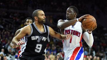 Feb 10, 2017; Auburn Hills, MI, USA; Detroit Pistons guard Reggie Jackson (1) drives to the basket as San Antonio Spurs guard Tony Parker (9) defends during the third quarter at The Palace of Auburn Hills. Mandatory Credit: Tim Fuller-USA TODAY Sports