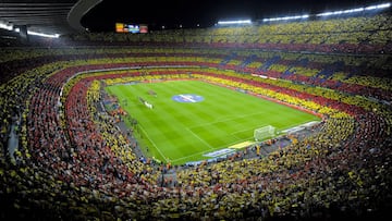 A Catalan flag is displayed by FC Barcelona fans prior to he La Liga match  at Camp Nou on October 7, 2012 in Barcelona, Spain. 