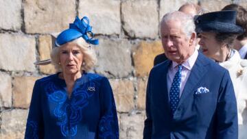 WINDSOR, ENGLAND - APRIL 09: King Charles III with Camilla, Queen Consort attend the Easter Mattins Service at St George's Chapel at Windsor Castle on April 9, 2023 in Windsor, England. (Photo by Mark Cuthbert/UK Press via Getty Images)