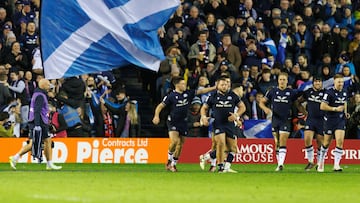 La selección escocesa durante un partido del Seis Naciones.