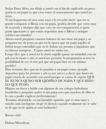 Carta de Dalma Maradona a Dani Alves.