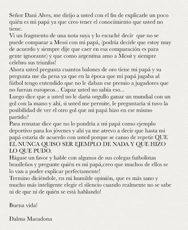 Dalma Maradona responde a Alves por las críticas a su padre