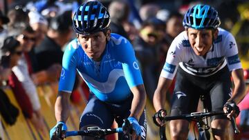 Nairo Quintana y Egan Bernal, durante la s&eacute;ptima etapa de la Par&iacute;s-Niza 2019 con final en el Col de Turini.