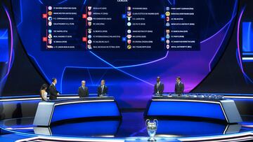 This photograph taken on August 31, 2023 shows a screen displaying the fixtures for the group stage of the UEFA Champions League football cup after the draw for the 2023/2024 UEFA Champions League football tournament at The Grimaldi Forum in the Principality of Monaco. (Photo by NICOLAS TUCAT / AFP)