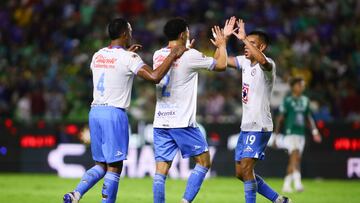 Willer Ditta, Jorge Sanchez, Carlos Rodriguez of Cruz Azul during the 7th round match between Leon and Cruz Azul as part of the Liga BBVA MX, Torneo Apertura 2024 at Nou Camp Stadium on September 14, 2024 in Leon, Guanajuato, Mexico.
