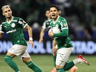 AMDEP8503. SAO PAULO (BRASIL), 30/10/2025.- Raphael Veiga (d) de Palmeiras celebra un gol este jueves, en el partido de vuelta por la semifinal de la Copa Libertadores entre Palmeiras y LDU Quito en el estadio Allianz Parque, en Sao Paulo (Brasil). EFE/ Isaac Fontana