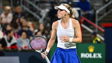 MONTREAL, CANADA - AUGUST 11: Liudmila Samsonova reacts in her match against Belinda Bencic of Switzerland on Day 5 during the National Bank Open at Stade IGA on August 11, 2023 in Montreal, Canada.   Minas Panagiotakis/Getty Images/AFP (Photo by Minas Panagiotakis / GETTY IMAGES NORTH AMERICA / Getty Images via AFP)