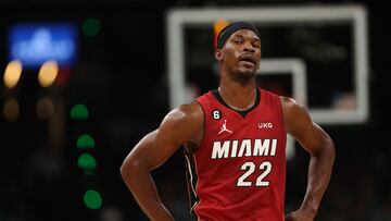 BOSTON, MASSACHUSETTS - MAY 19: Jimmy Butler #22 of the Miami Heat looks on against the Boston Celtics during the second quarter in game two of the Eastern Conference Finals at TD Garden on May 19, 2023 in Boston, Massachusetts. NOTE TO USER: User expressly acknowledges and agrees that, by downloading and or using this photograph, User is consenting to the terms and conditions of the Getty Images License Agreement.   Adam Glanzman/Getty Images/AFP (Photo by Adam Glanzman / GETTY IMAGES NORTH AMERICA / Getty Images via AFP)