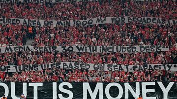 Union Berlin fans display banners criticising UEFA stadium regulations at the beginning of the UEFA Champions League Group C football match between 1 FC Union Berlin and Sporting Braga in Berlin on October 3, 2023. (Photo by John MACDOUGALL / AFP)