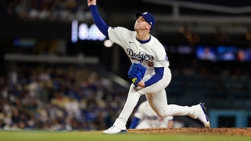 May 6, 2024; Los Angeles, California, USA;  Los Angeles Dodgers starting pitcher Walker Buehler (21) pitches during the third inning against the Miami Marlins at Dodger Stadium. Mandatory Credit: Kiyoshi Mio-USA TODAY Sports