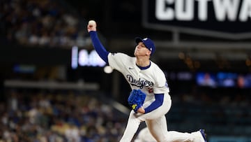 May 6, 2024; Los Angeles, California, USA; Los Angeles Dodgers starting pitcher Walker Buehler (21) pitches during the third inning against the Miami Marlins at Dodger Stadium. Mandatory Credit: Kiyoshi Mio-USA TODAY Sports