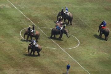 El partido de Polo sobre elefantes en Tailandia