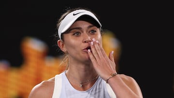 Spain's Paula Badosa blows a kiss to the crowd as she celebrates beating Australia's Talia Gibson in their women's singles match on day four of the Australian Open tennis tournament in Melbourne on January 15, 2025. (Photo by Adrian DENNIS / AFP) / -- IMAGE RESTRICTED TO EDITORIAL USE - STRICTLY NO COMMERCIAL USE --