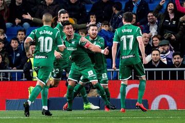 Leganés midfielder Gabriel Pires (centre) celebrates his tie-winning header against Real Madrid on Wednesday.