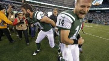 Eric Decker y Ryan Fitzpatrick, de los New York Jets.