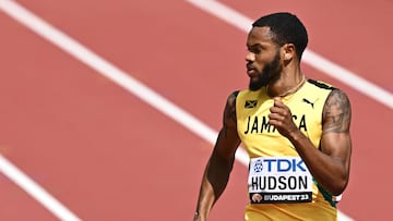 Jamaica's Andrew Hudson competes in the men's 200m heats during the World Athletics Championships at the National Athletics Centre in Budapest on August 23, 2023. (Photo by Attila KISBENEDEK / AFP)