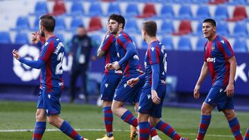 VALENCIA, SPAIN - JANUARY 10: Gonzalo Melero of Levante UD celebrates scoring his side's first goal during the La Liga Santader match between Levante UD and SD Eibar at Ciutat de Valencia Stadium on January 10, 2021 in Valencia, Spain. Sporting stadi