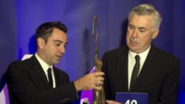 HM007. LONDRES (REINO UNIDO), 6/10/2015.- El jugador de fútbol español Xavi Hernández (i) entrega, en nombre de Aspire y el fútbol de Catar, el premio "Inspiring Leader" al técnico italiano de fútbol Carlo Ancelotti (d), en la primera edición de los premios Leaders Awards en Londres (Reino Unido) hoy, martes 6 de octubre de 2015. EFE/HANNAH MCKAY