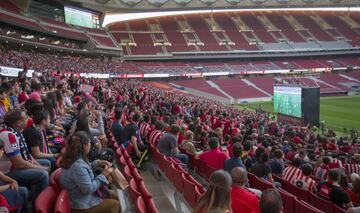 Seguidores atléticos en el estadio Wanda Metropolitano viendo el partido.